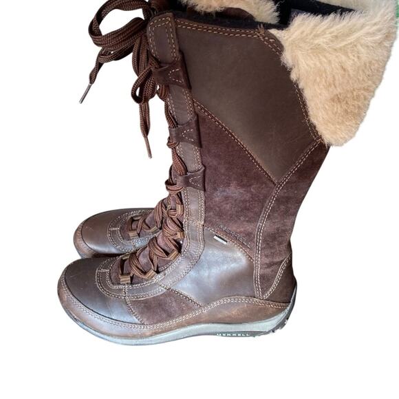 Merrell Prevoz Waterproof Brown Leather Fur Lace Zip Boots size 8.5 - Picture 6 of 15